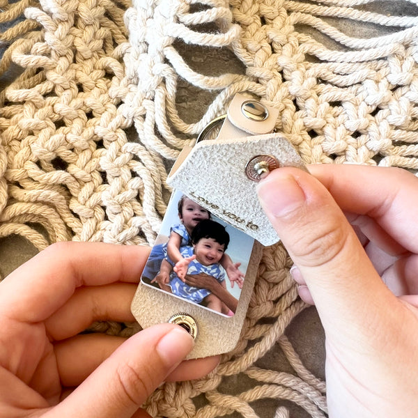 Personalised leather photo key ring engraved for mum