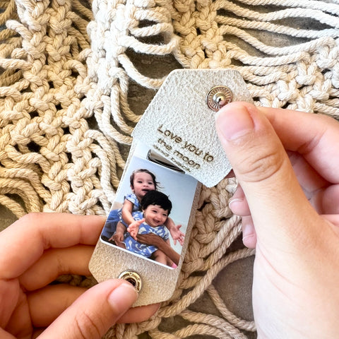 Personalised leather photo key ring engraved for mum