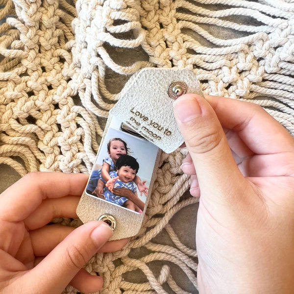 Personalised leather photo key ring engraved for mum