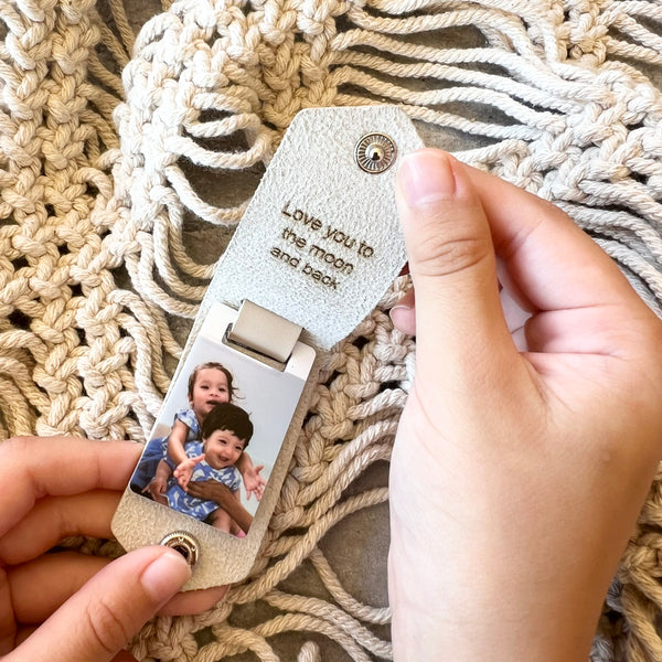 Personalised leather photo key ring engraved for mum