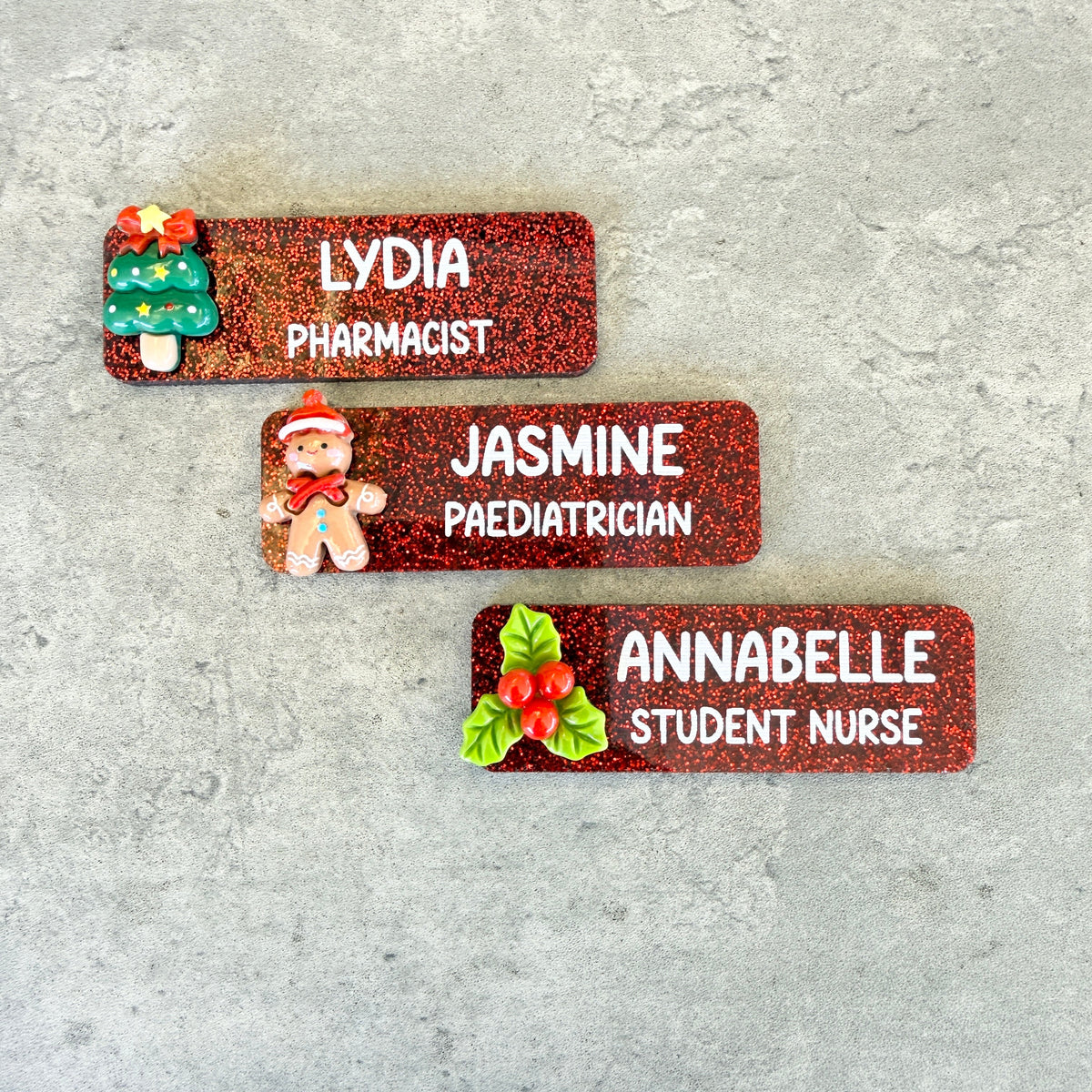 Personalised Christmas Glitter Name Badge with Festive Holiday Charms