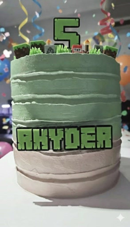 Minecraft Inspired Cake Topper Acrylic, Double Layer Green & Black, Custom Name & Age, Party Decoration
