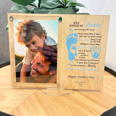 Personalised Daddy Frame Walk along side me  Wood and acrylic Blue