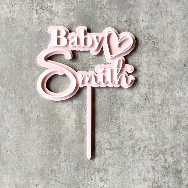 Double layer Acrylic baby Shower cake topper 1 heart | surname cake topper