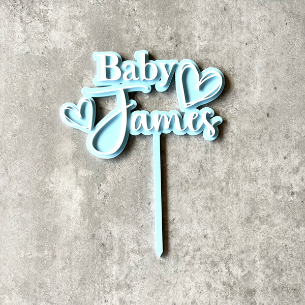 Double layer Acrylic baby Shower cake topper 2 hearts | surname cake topper