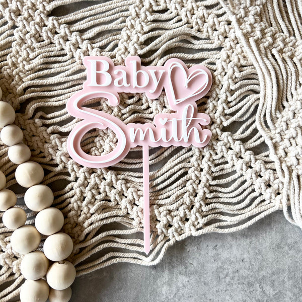 Double layer Acrylic baby Shower cake topper 1 heart | surname cake topper