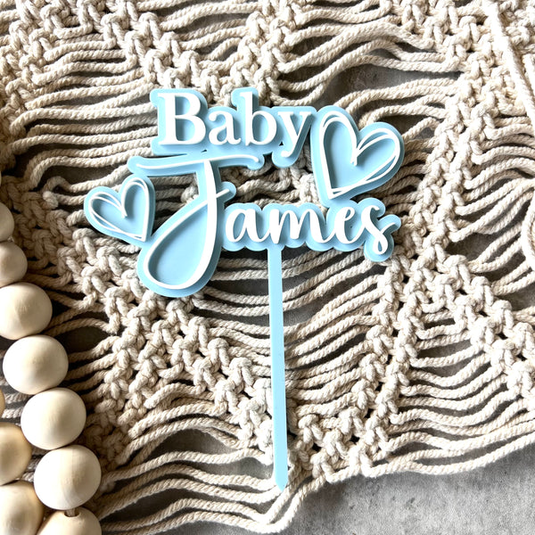 Double layer Acrylic baby Shower cake topper 2 hearts | surname cake topper