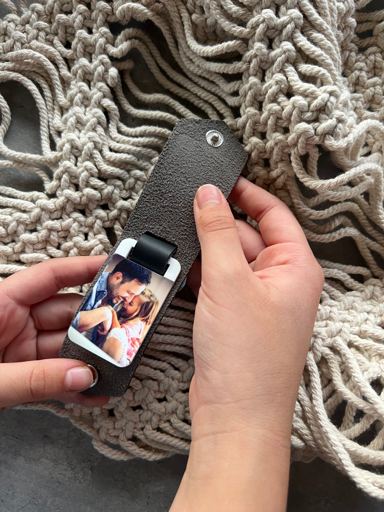 Personalised leather photo key ring engraved for Dad