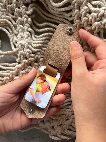 Personalised leather photo key ring engraved for Dad