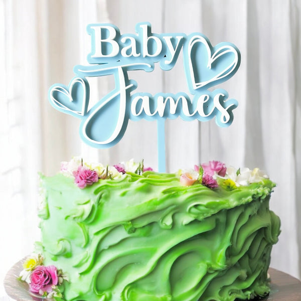 Double layer Acrylic baby Shower cake topper 2 hearts | surname cake topper