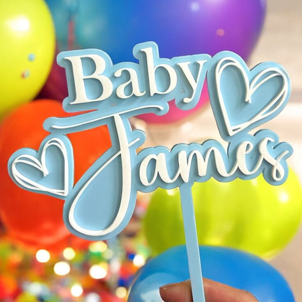 Double layer Acrylic baby Shower cake topper 2 hearts | surname cake topper