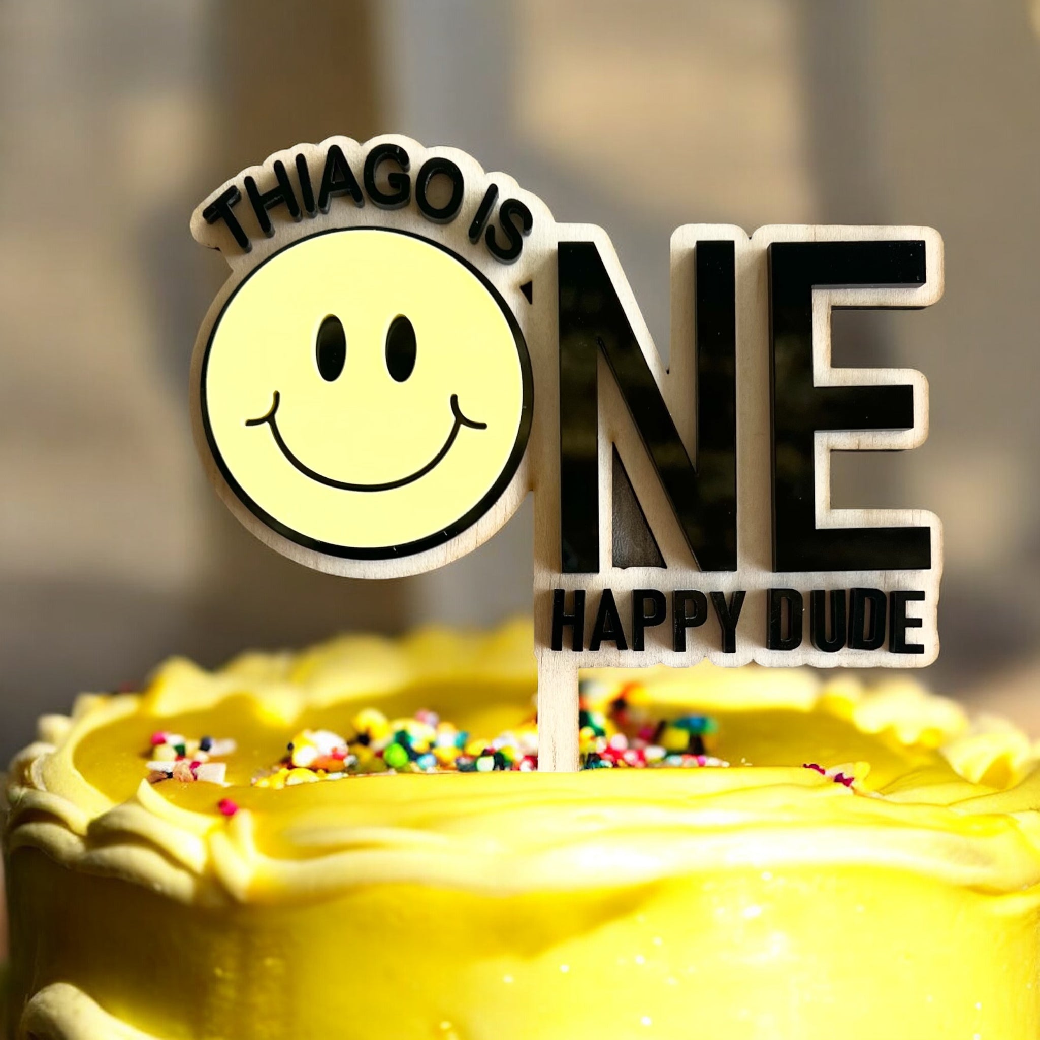 One Happy Dude Personalised Cake Topper Smile face  Wood and acrylic