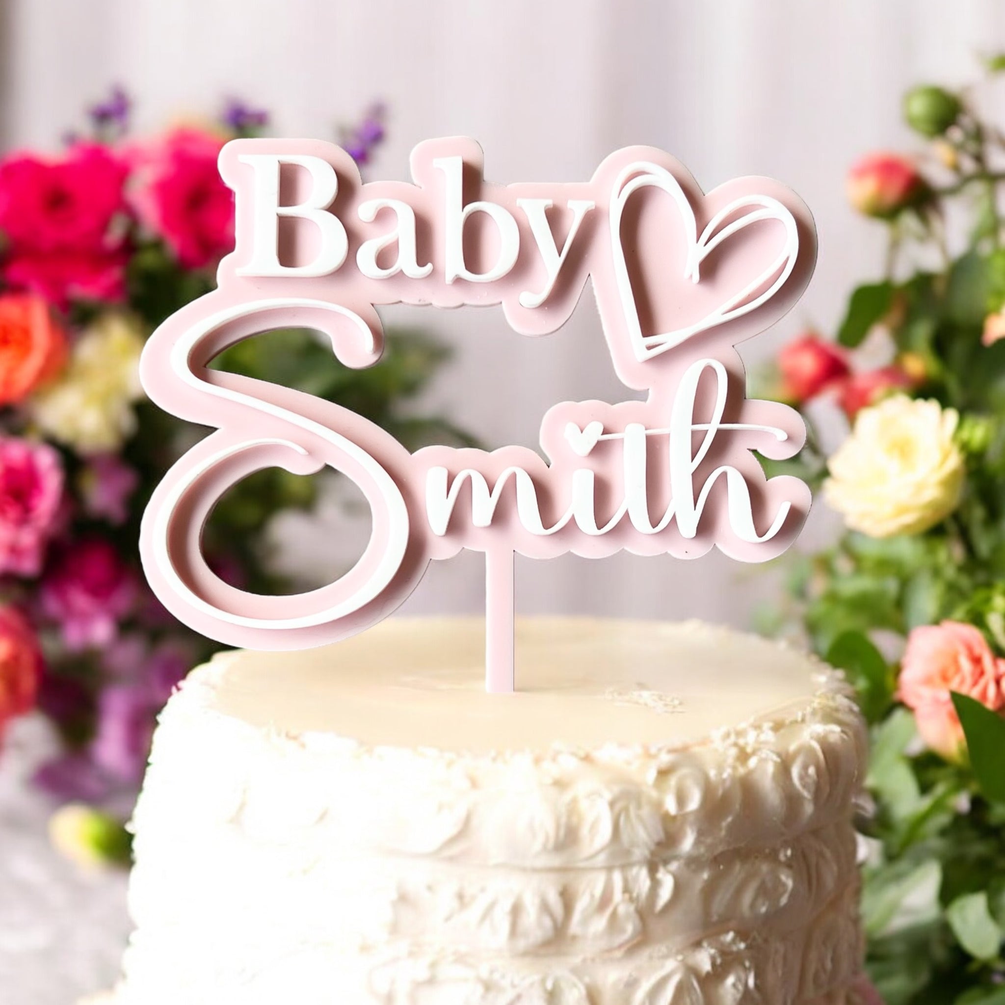 Double layer Acrylic baby Shower cake topper 1 heart | surname cake topper