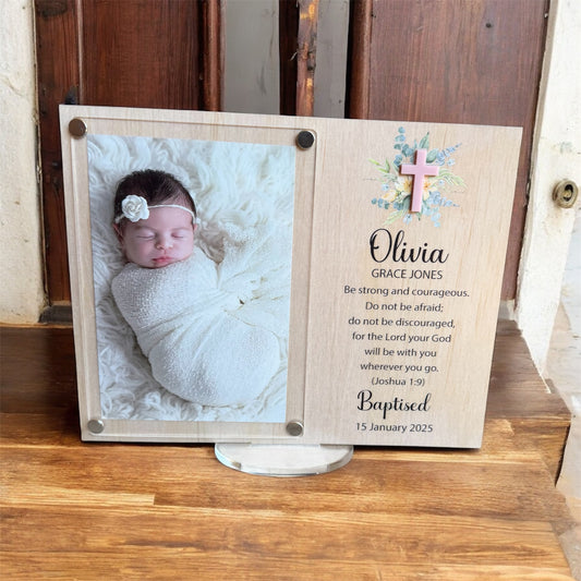 personalised baptism gift, christening photo frame, holy communion keepsake, baptism frame for baby, christian baby gift, bible verse photo frame, engraved baptism frame, custom christening gift, religious keepsake frame, wooden acrylic frame, baptism photo keepsake, personalised baby gift, first holy communion frame