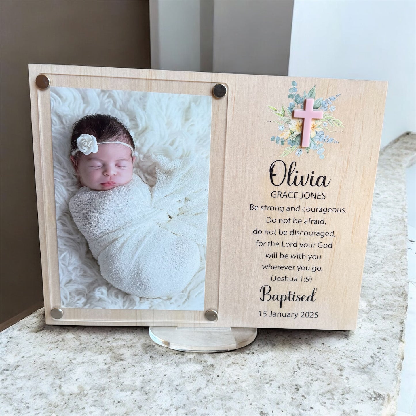 personalised baptism gift, christening photo frame, holy communion keepsake, baptism frame for baby, christian baby gift, bible verse photo frame, engraved baptism frame, custom christening gift, religious keepsake frame, wooden acrylic frame, baptism photo keepsake, personalised baby gift, first holy communion frame