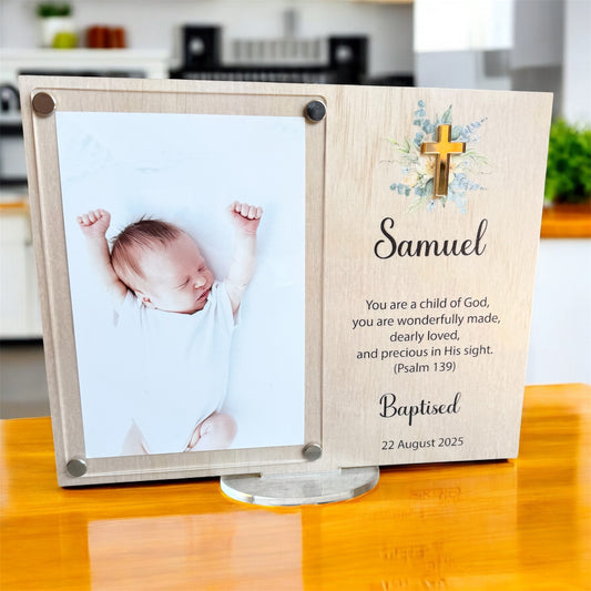 personalised baptism gift, christening photo frame, holy communion keepsake, baptism frame for baby, christian baby gift, bible verse photo frame, engraved baptism frame, custom christening gift, religious keepsake frame, wooden acrylic frame, baptism photo keepsake, personalised baby gift, first holy communion frame