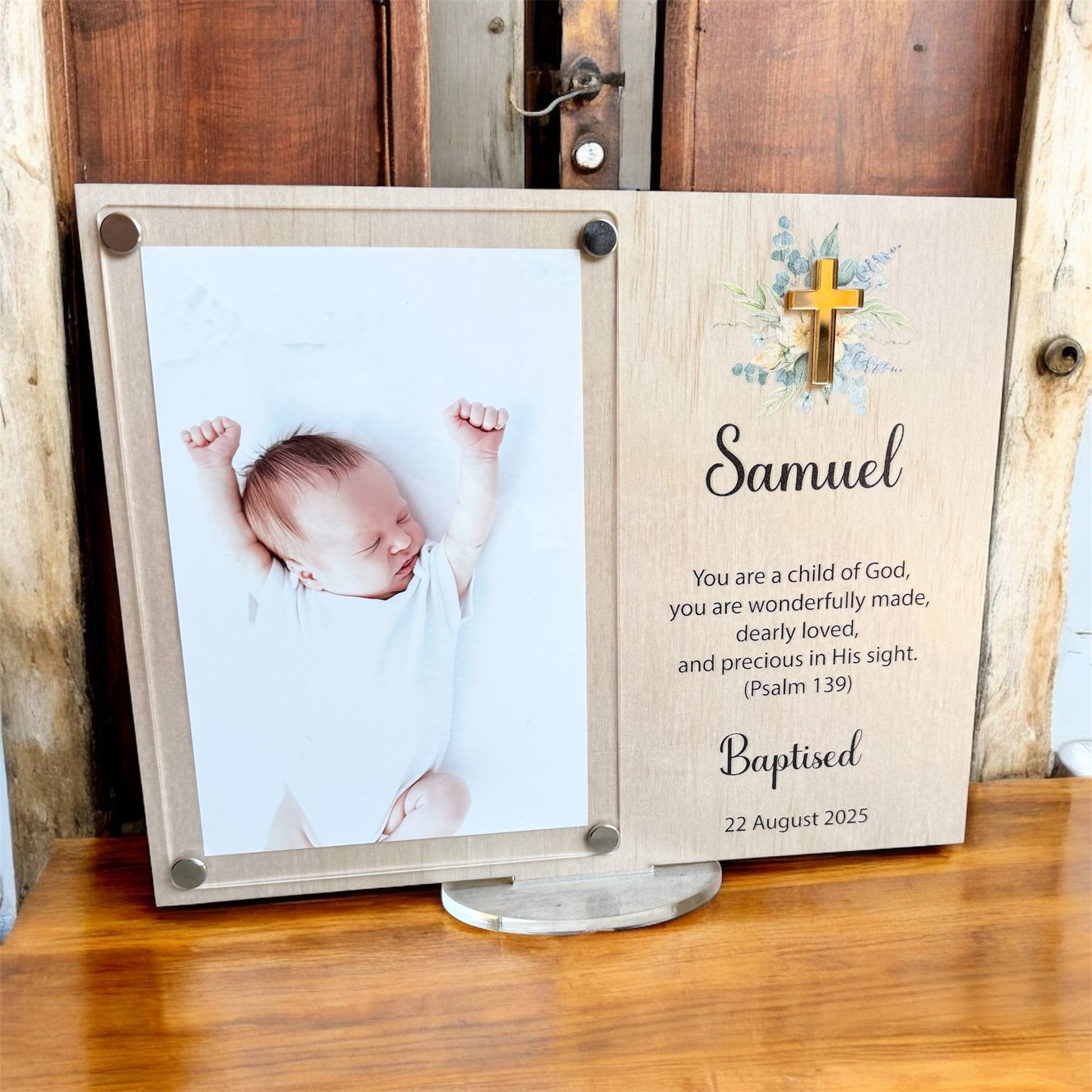 personalised baptism gift, christening photo frame, holy communion keepsake, baptism frame for baby, christian baby gift, bible verse photo frame, engraved baptism frame, custom christening gift, religious keepsake frame, wooden acrylic frame, baptism photo keepsake, personalised baby gift, first holy communion frame
