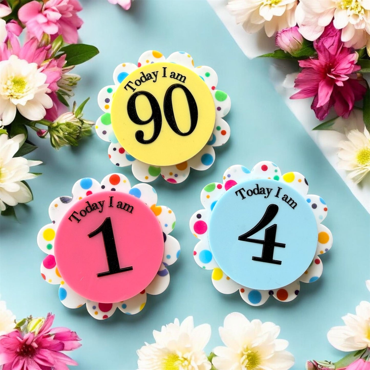 Acrylic Brooch, Milestone Gift, Number Badge, Scalloped Age Pin, Cake Smash Prop, First Birthday Pin, Kids Party Badge, Adult Birthday Pin, 90th Birthday Gift, School Birthday Pin, Acrylic Age Badge, Coloured Party Pin, Polka Dot Badge, Vibrant Milestone, Bright Birthday Pin, Personalised Badge, Milestone Keepsake, Unique Party Favor, Custom Number Pin, Photo Prop Badge, Aussie Party Badge, Age Birthday Pin, Toddler Milestone, Special Age Badge
