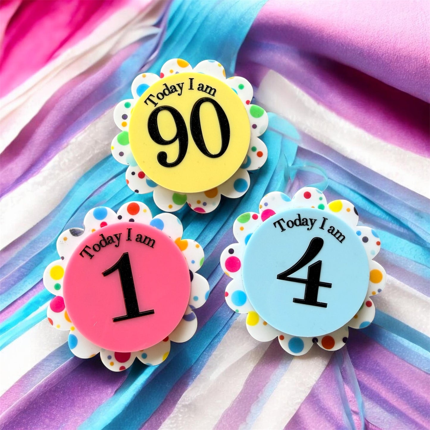 Acrylic Brooch, Milestone Gift, Number Badge, Scalloped Age Pin, Cake Smash Prop, First Birthday Pin, Kids Party Badge, Adult Birthday Pin, 90th Birthday Gift, School Birthday Pin, Acrylic Age Badge, Coloured Party Pin, Polka Dot Badge, Vibrant Milestone, Bright Birthday Pin, Personalised Badge, Milestone Keepsake, Unique Party Favor, Custom Number Pin, Photo Prop Badge, Aussie Party Badge, Age Birthday Pin, Toddler Milestone, Special Age Badge