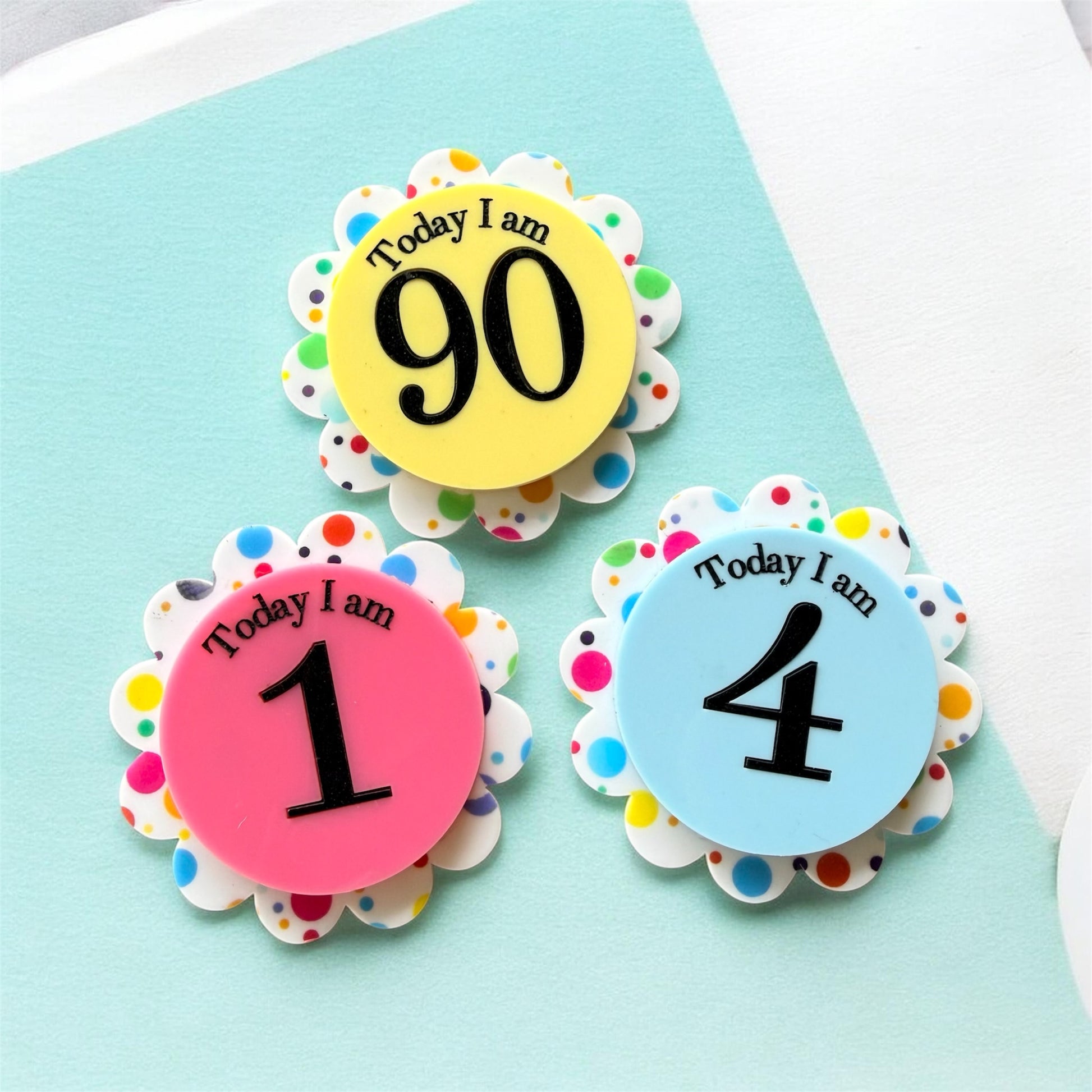 Acrylic Brooch, Milestone Gift, Number Badge, Scalloped Age Pin, Cake Smash Prop, First Birthday Pin, Kids Party Badge, Adult Birthday Pin, 90th Birthday Gift, School Birthday Pin, Acrylic Age Badge, Coloured Party Pin, Polka Dot Badge, Vibrant Milestone, Bright Birthday Pin, Personalised Badge, Milestone Keepsake, Unique Party Favor, Custom Number Pin, Photo Prop Badge, Aussie Party Badge, Age Birthday Pin, Toddler Milestone, Special Age Badge