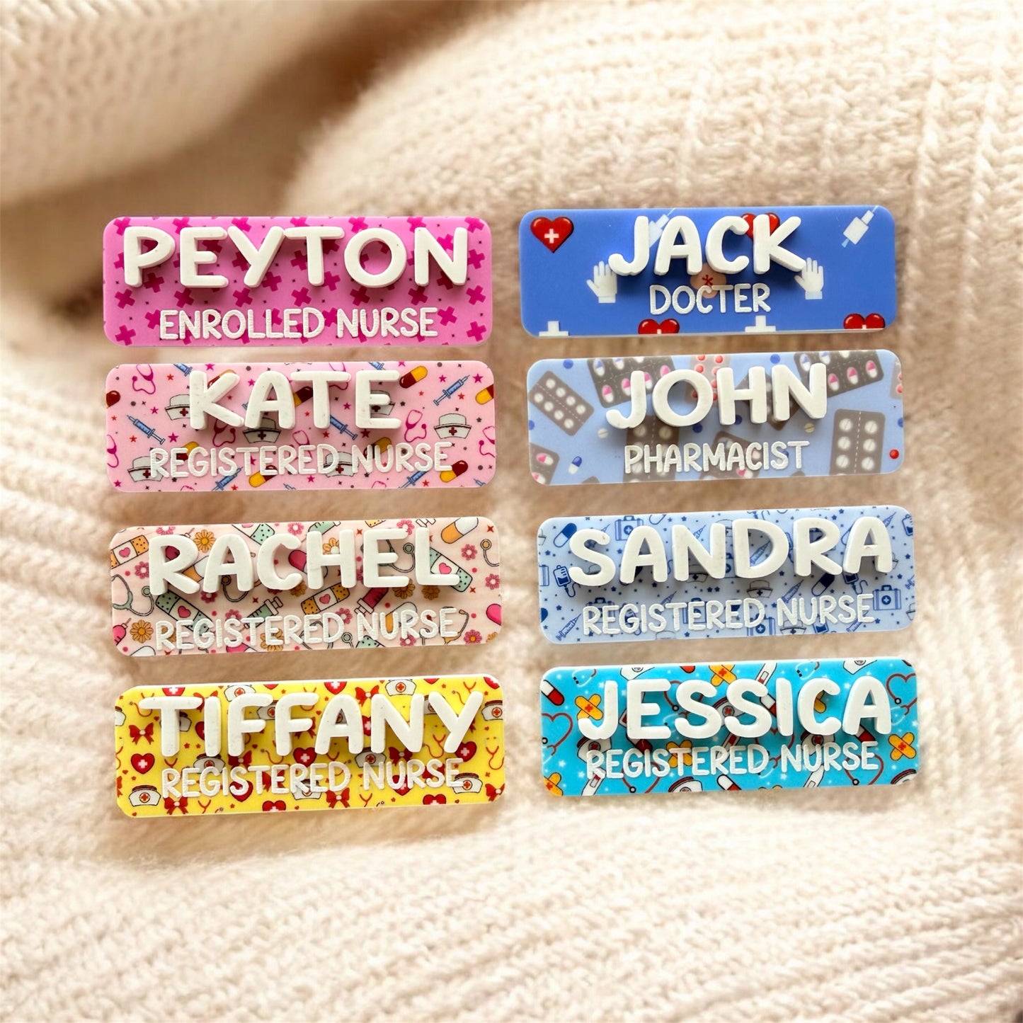Set of colorful name badges with various professions on a textured beige background