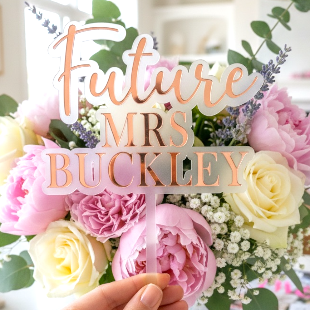 Personalised Future Mrs Cake Topper, 3D Acrylic Wedding Cake Topper, Custom Last Name Cake Sign, Frosted Acrylic Cake Decor, Rose Gold Mirror Cake Topper, Bridal Shower Cake Decoration, Engagement Party Decor Australia, Raised Lettering Cake Topper, Modern Wedding Cake Accessory, Luxury Bridal Shower Keepsake, Hand-crafted in Sydney, Laser Cut Wedding Signage, 15cm Wide Cake Topper