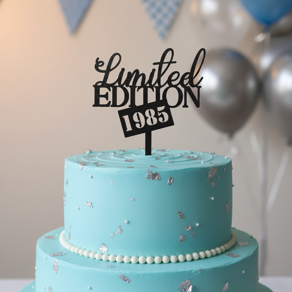 Personalised Limited Edition 1985 cake topper in matte black acrylic on a blue tiered birthday cake.