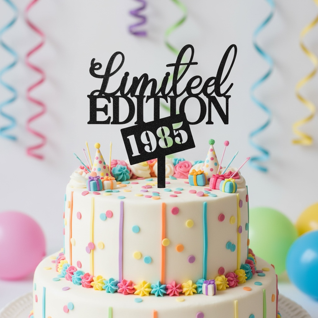 Decorative cake with 'Limited Edition 1985' topper against a colorful background