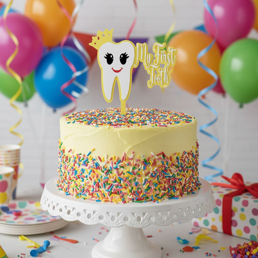 Colorful cake with a tooth-shaped topper and balloons in the background