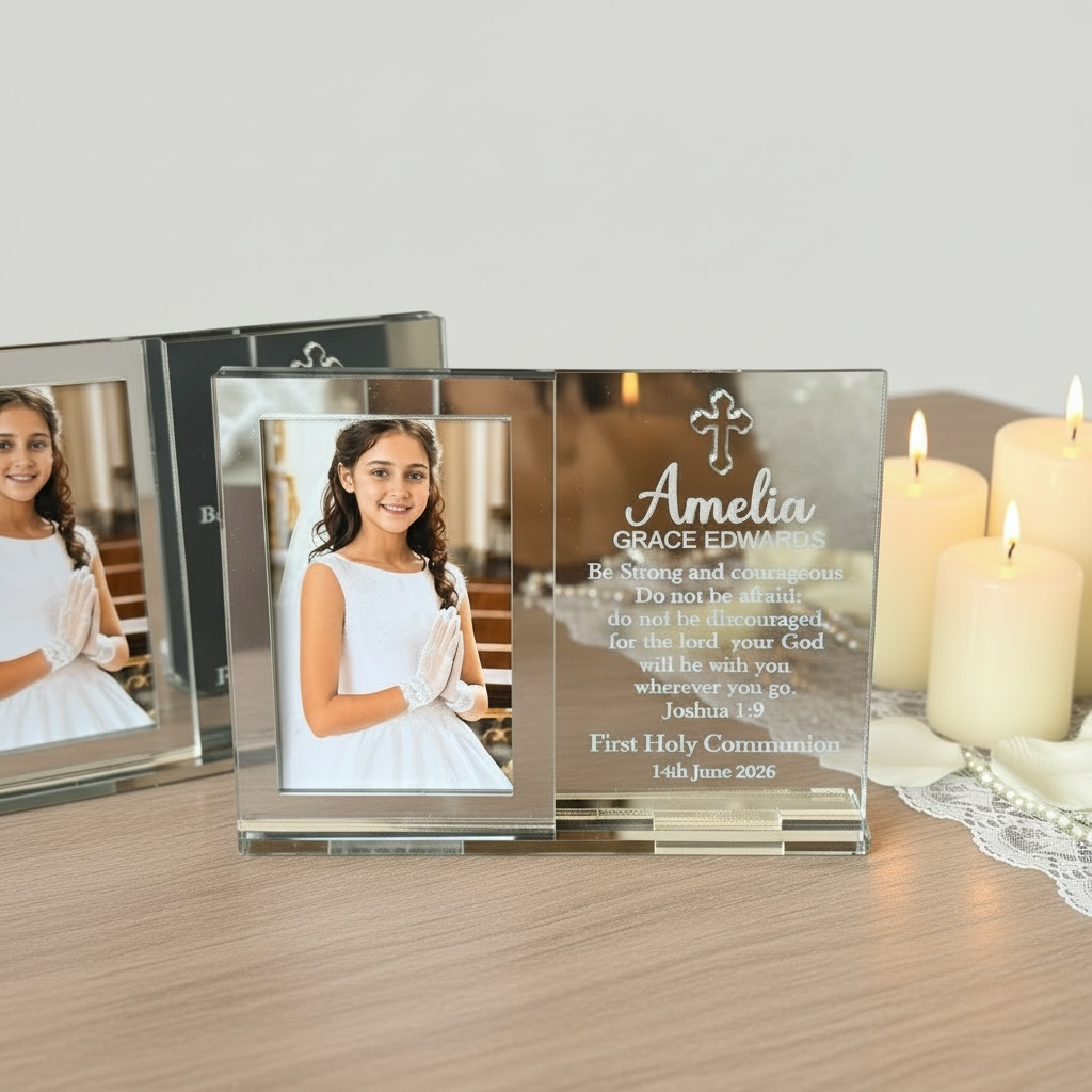Personalized clear acrylic First Holy Communion picture frames on a wooden table, with lit cream candles in the background.