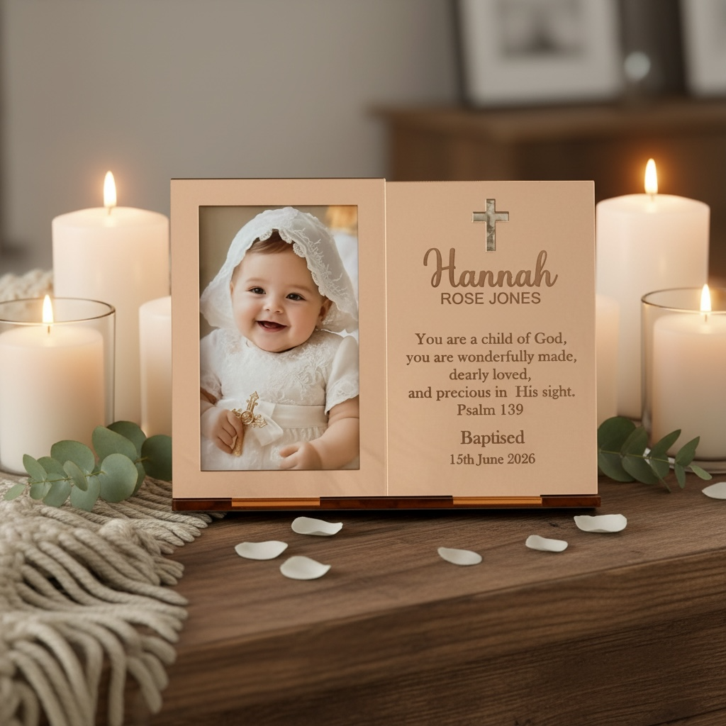 A personalized wooden keepsake photo frame stands on a wooden table surrounded by lit white candles, eucalyptus leaves, and scattered petals. The left panel shows a photo of a smiling baby in a white bonnet, and the right panel has a cross icon and the text 'Hannah ROSE JONES' with a memorial message and baptism date.