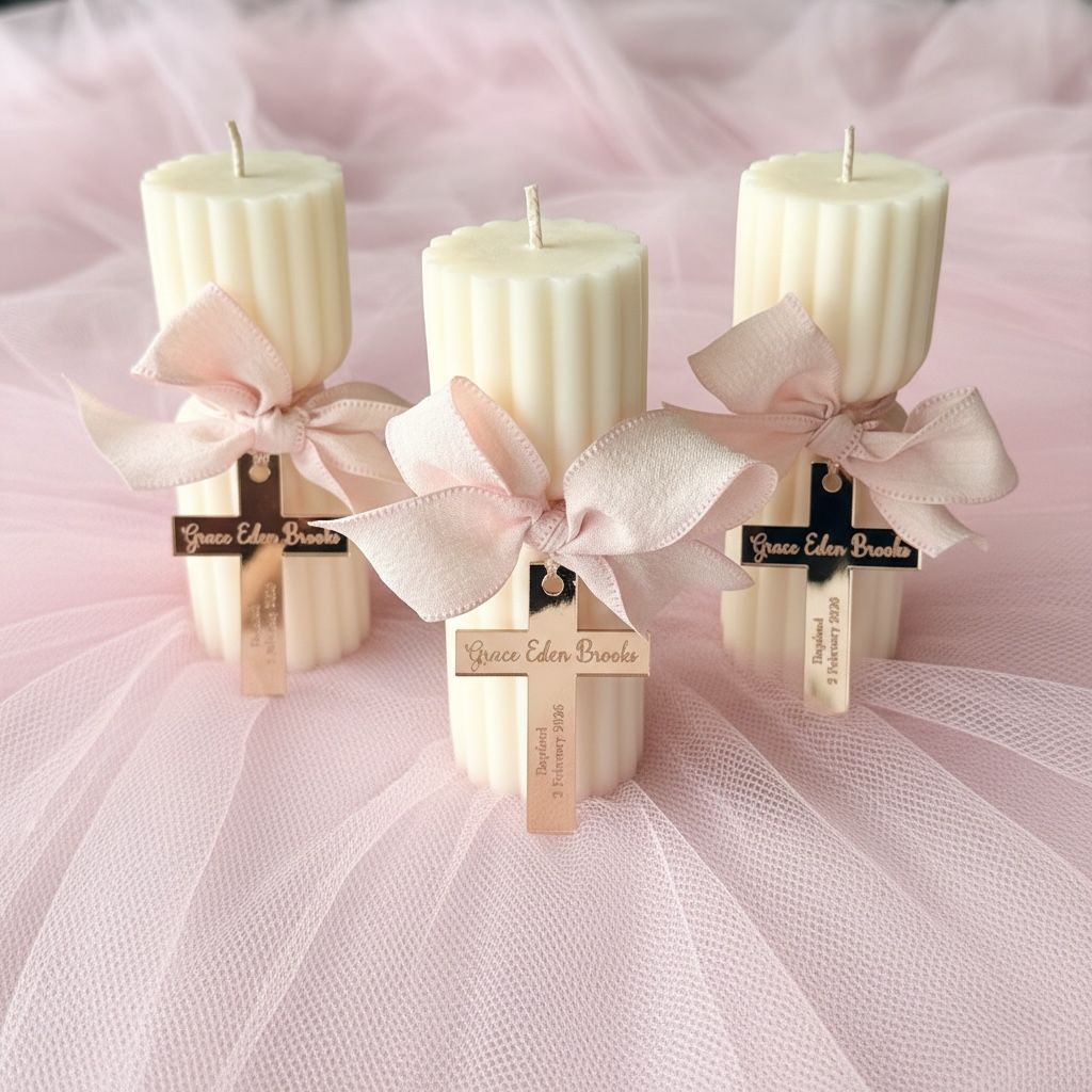 Three cream-colored ribbed pillar candles tied with pale pink satin ribbons and small wooden cross tags, arranged on a soft pink tulle fabric background.
