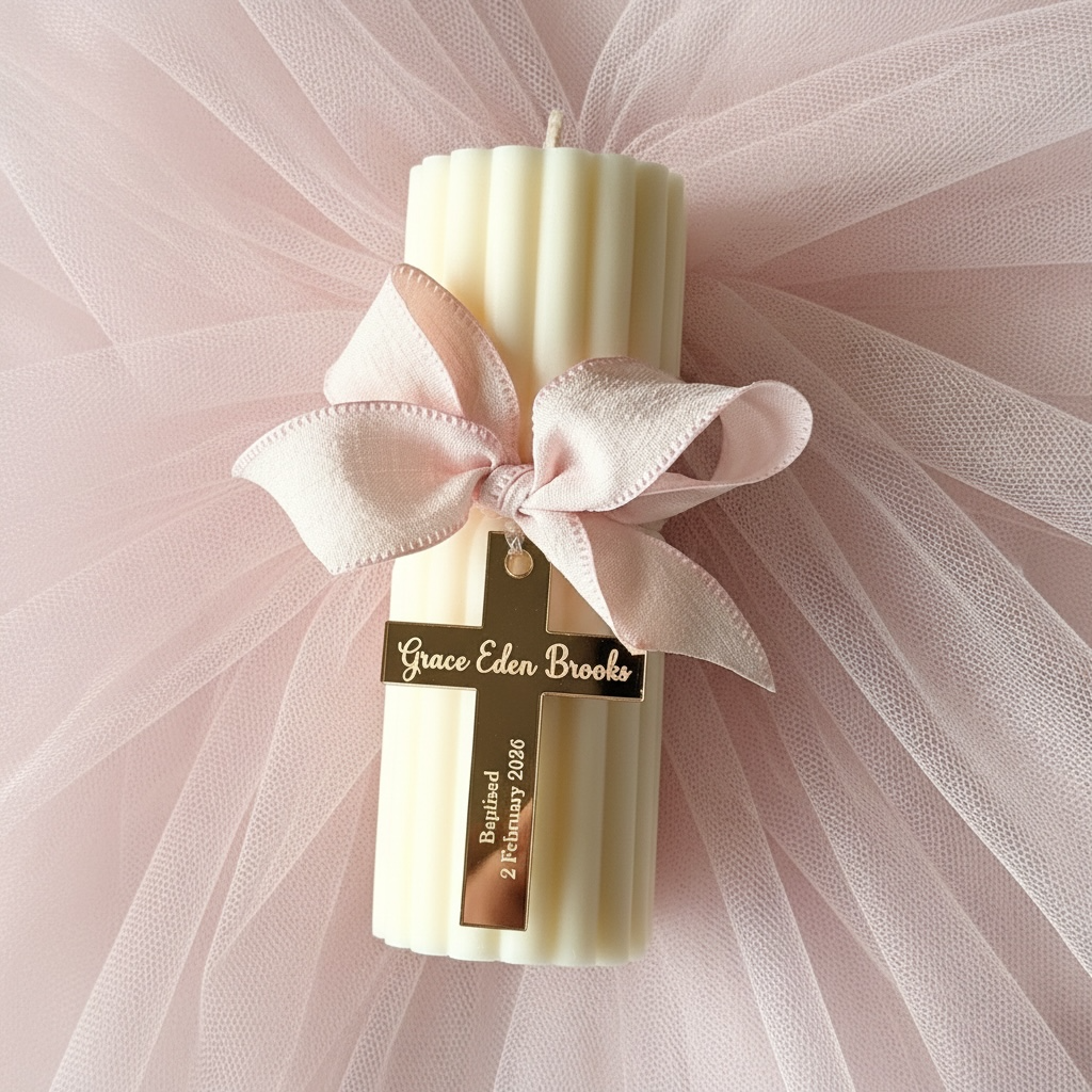 Personalised Small Pillar Candle Favour – Custom Acrylic Tag & Ribbon