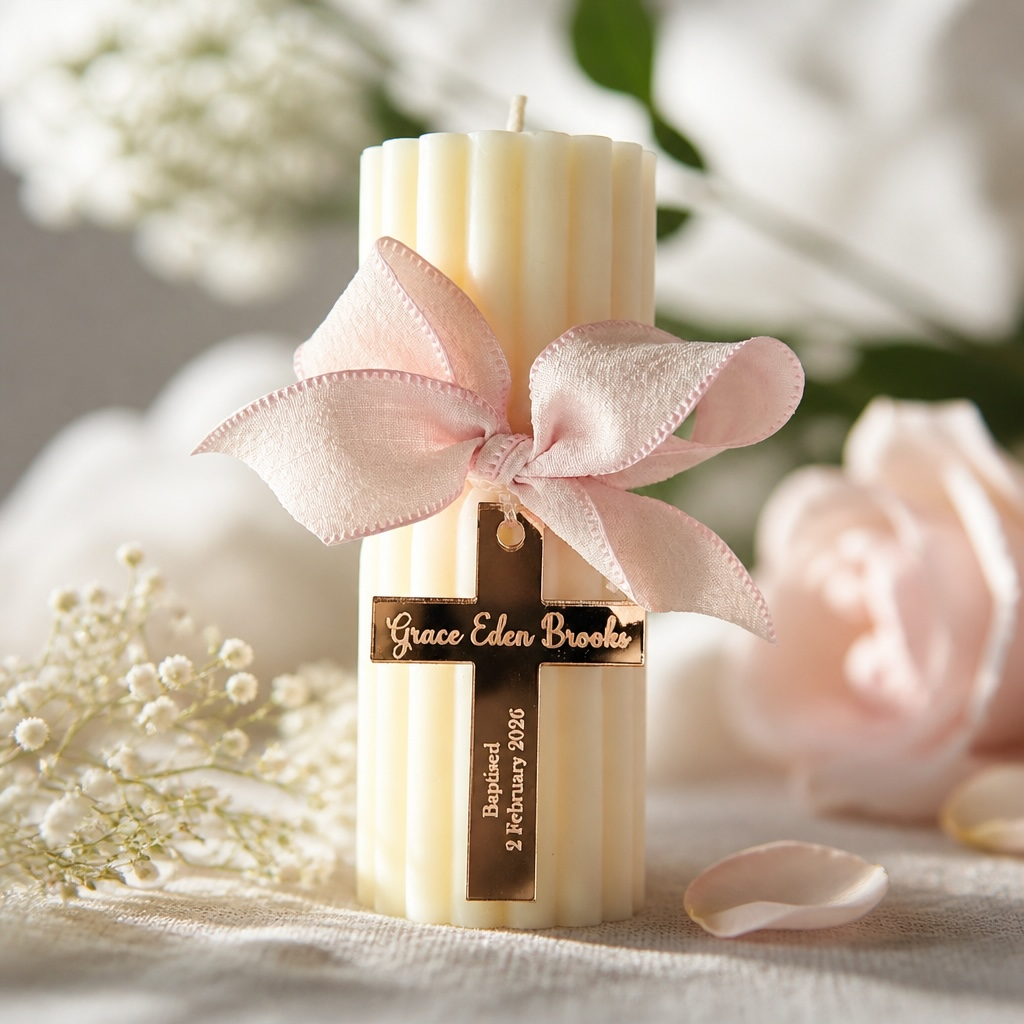 A cream-colored ribbed pillar candle tied with a pale pink satin bow and a brown paper label that reads 'Grace Eden Brooke' and 'Departed 2 February 2026.' The candle is styled on a light fabric surface with soft white flowers, green leaves, and a pink rose in the background.
