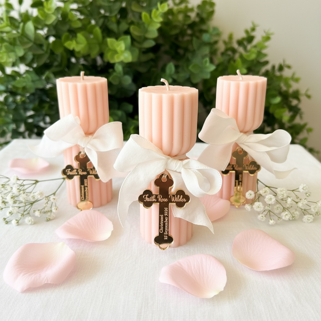 Three pink ribbed pillar candles tied with white satin bows and decorated with gold cross tags, arranged on a white tablecloth with pink petals and green foliage in the background.