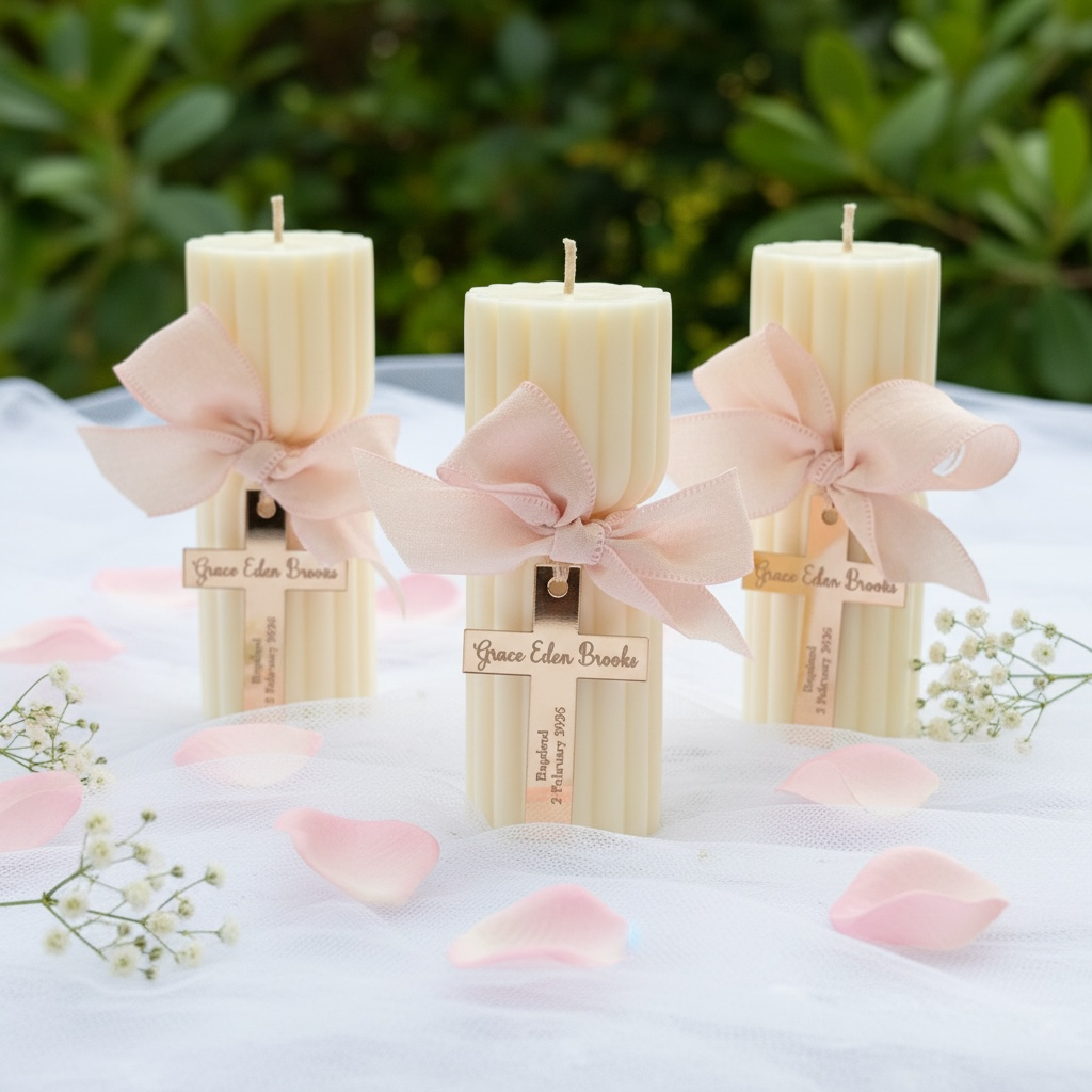 Three cream-colored ribbed pillar candles tied with pale pink satin bows, each with a small hanging tag, arranged on a white fabric surface with pink petals and baby's breath flowers against a blurred green garden background.