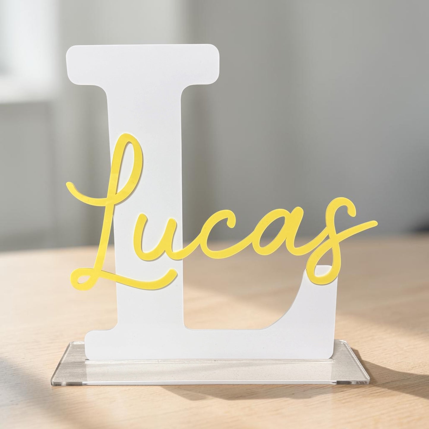 Custom Freestanding Acrylic Initial & Cursive Name Sign | Personalised Baby Shower & Nursery Decor, Birthday Party Table Centrepiece