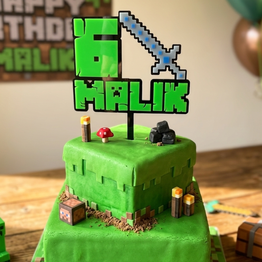 A 15cm personalised 3D acrylic gaming cake topper featuring a custom name and age in a retro pixel font with a layered pixel sword design, hand-crafted in Sydney.