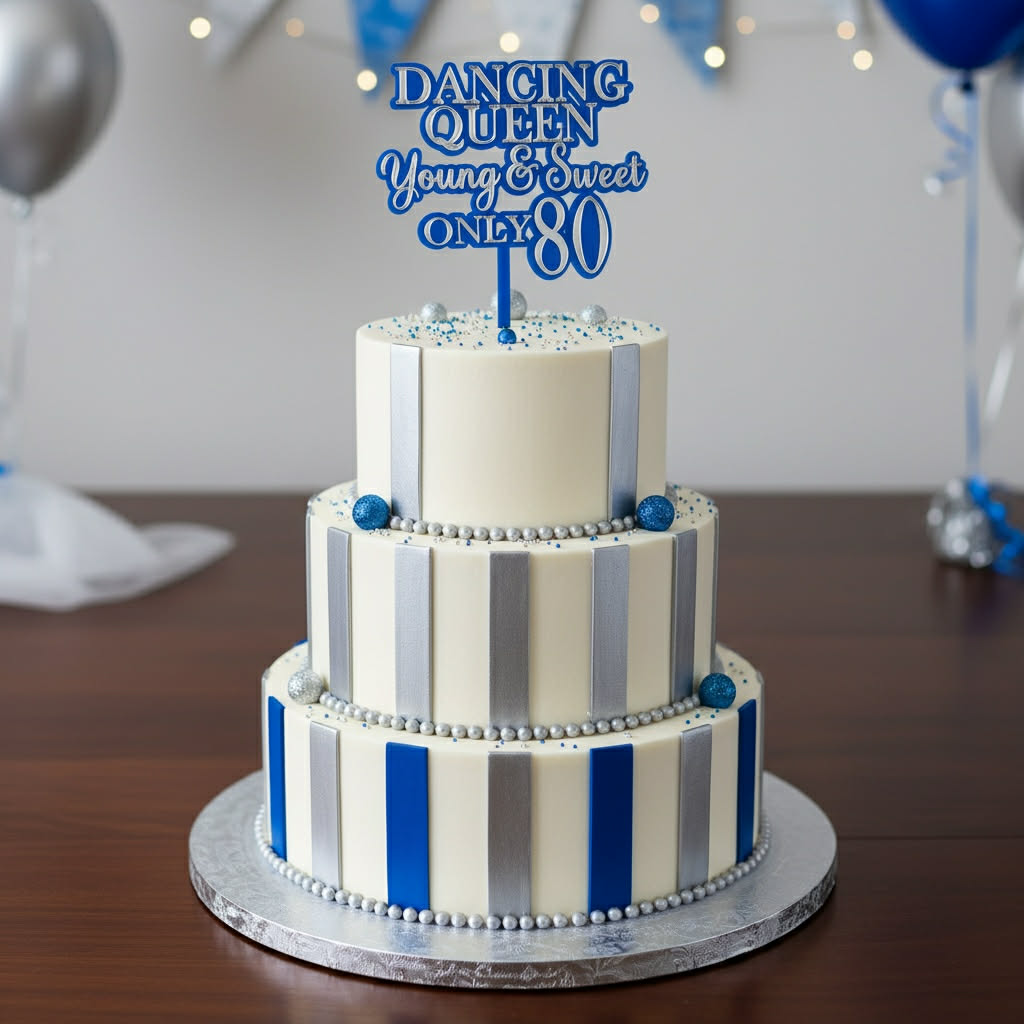 Personalised 80th Birthday Dancing Queen Cake Topper in Sky Blue with Silver Layered Writing