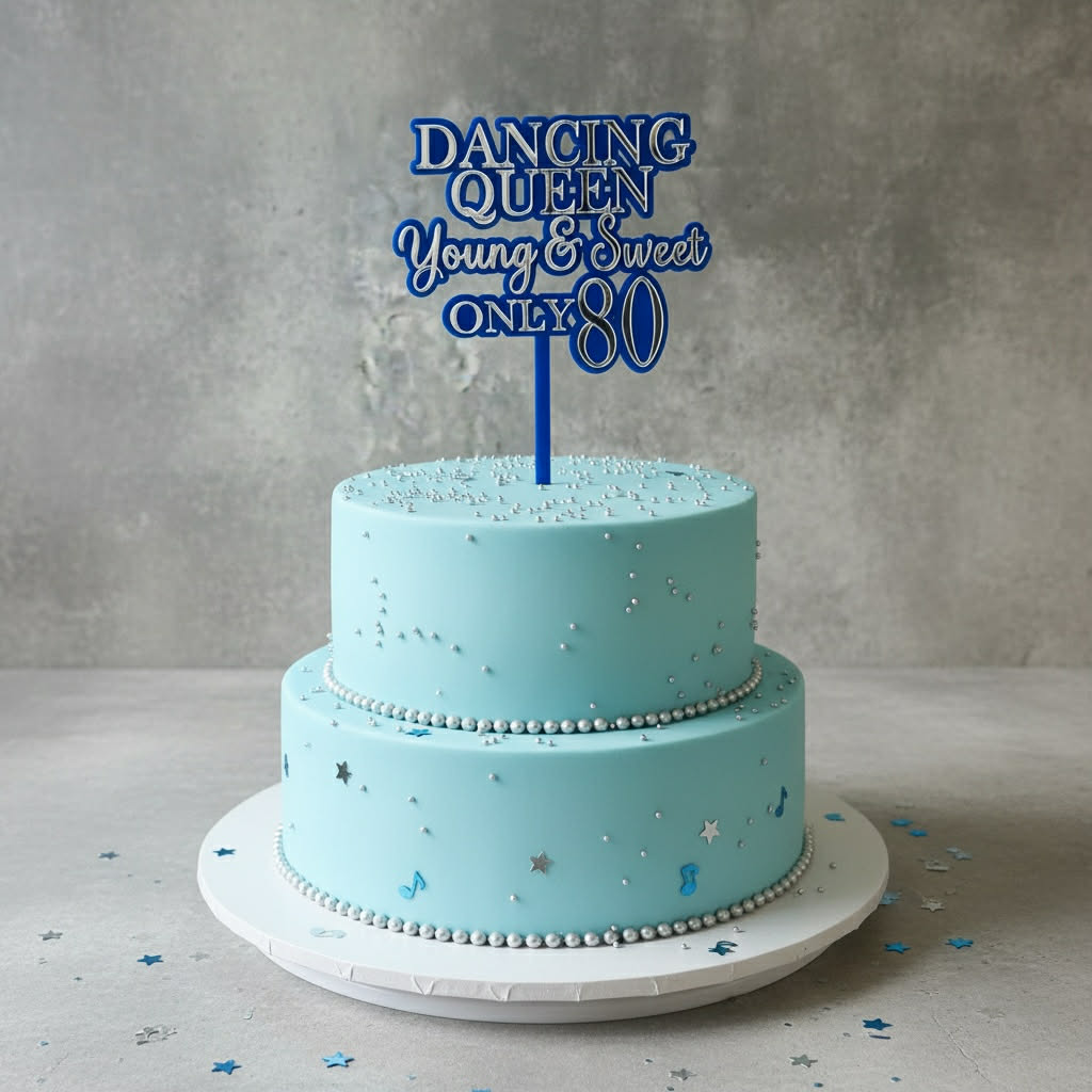 Personalised 80th Birthday Dancing Queen Cake Topper in Sky Blue with Silver Layered Writing
