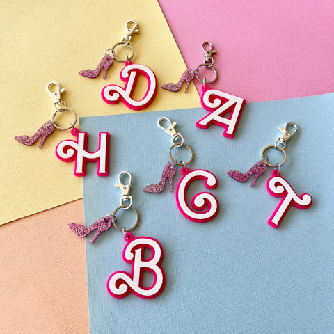 Barbie Inspired Letter Key Ring | Bag Tag | Double layer with high heel charm