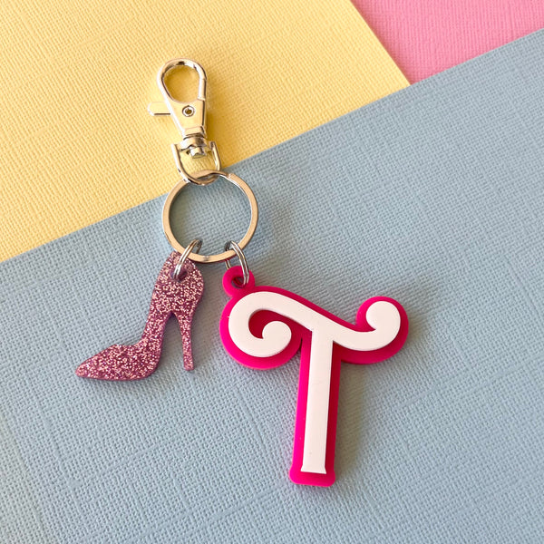 Barbie Inspired Letter Key Ring | Bag Tag | Double layer with high heel charm