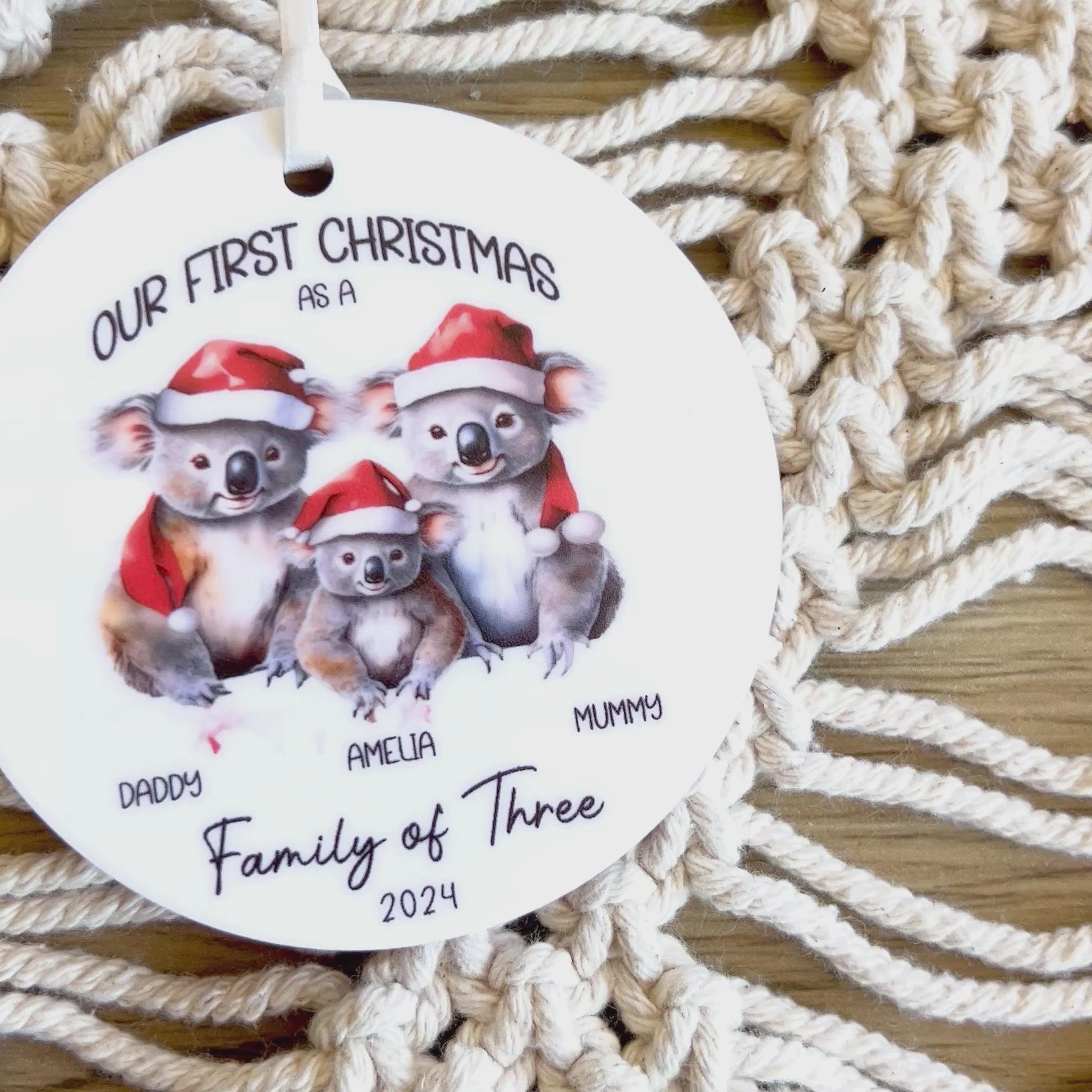First Christmas as a  family of 3 personalised ornament koala themed acrylic