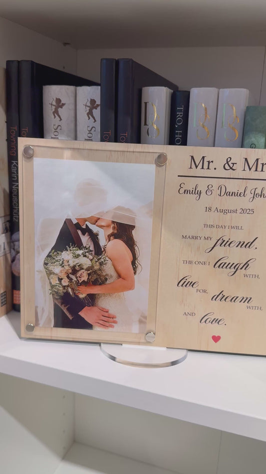 Personalised Wedding Frame Mr & Mrs | Engraved Wood Acrylic Frame | Wedding Gift for Couple | Custom Name Date Keepsake