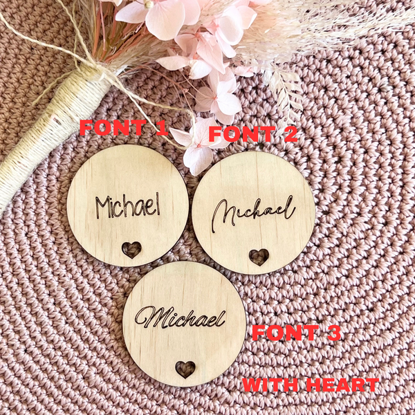 Rustic wood round wedding table place cards engraved