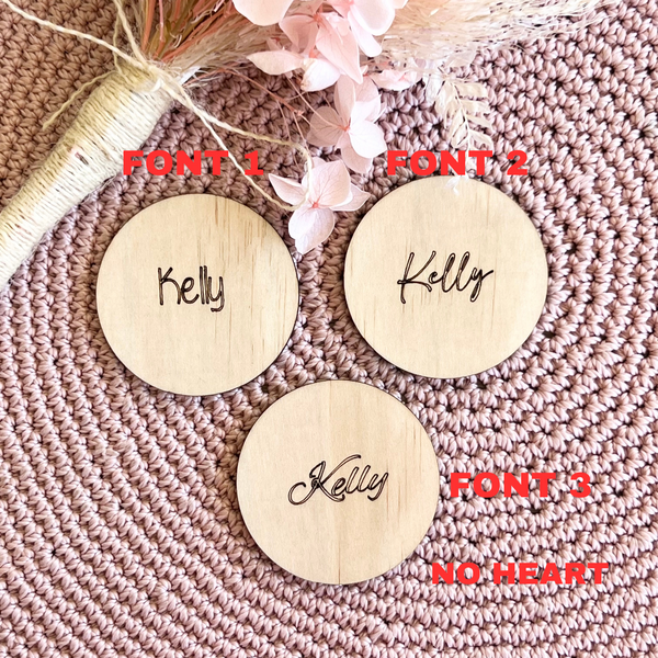 Rustic wood round wedding table place cards engraved