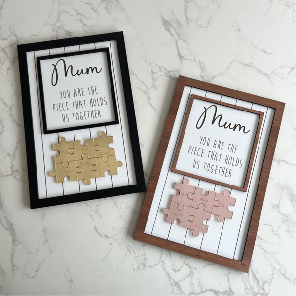 Personalised Mum frame Gold Jigsaw pieces Wood frame mothers day gift