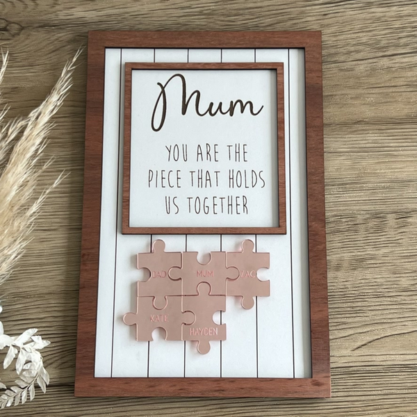 Personalised Mum frame Gold Jigsaw pieces Wood frame mothers day gift