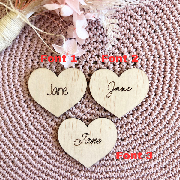 Rustic wood Heart shaped wedding table place cards engraved