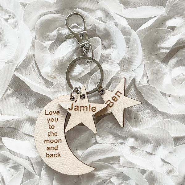 Rustic Star and moon shaped Personalised Keyring for mum